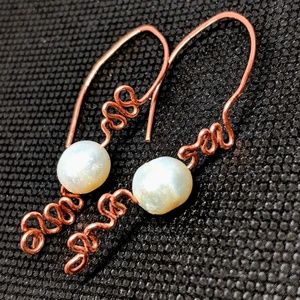 Handcrafted Pearl and Copper Long Drop Earrings